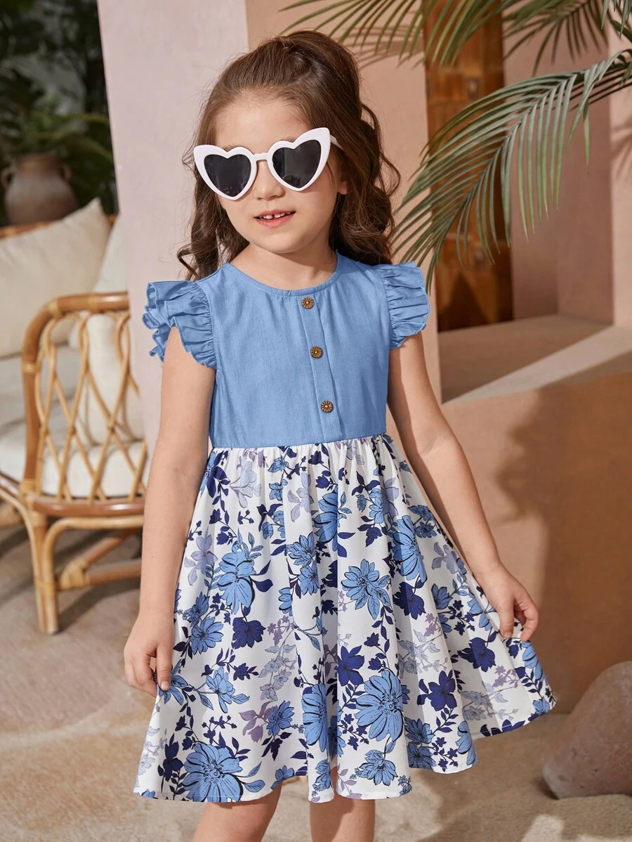 SHEIN 小女童1入組印花荷葉邊連衣裙 - 淺藍色 - 查看 1