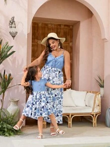 SHEIN 小女童1入組印花荷葉邊連衣裙 - 淺藍色 - 查看 2