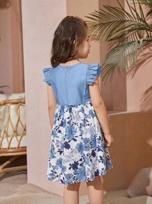 SHEIN 小女童1入組印花荷葉邊連衣裙 - 淺藍色 - 查看 3