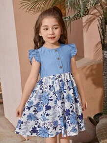 SHEIN 小女童1入組印花荷葉邊連衣裙 - 淺藍色 - 查看 5