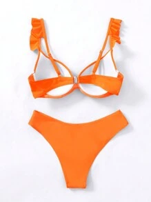 SHEIN Swim Summer Beach Ruffle Trim Push Up Bikini Set, Bathing Suit - Orange - View 4