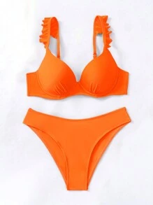 SHEIN Swim Summer Beach Ruffle Trim Push Up Bikini Set, Bathing Suit - Orange - View 5