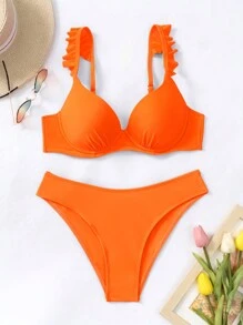 SHEIN Swim Summer Beach Ruffle Trim Push Up Bikini Set, Bathing Suit - Orange - View 6