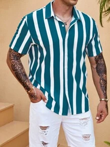 Manfinity Homme Men Plus Striped Print Shirt Without Tee - Dark Green - View 1
