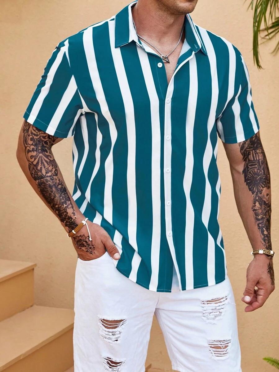 Manfinity Homme Men Plus Striped Print Shirt Without Tee - Dark Green - View 1