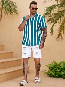 Manfinity Homme Men Plus Striped Print Shirt Without Tee - Dark Green - View 3