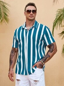 Manfinity Homme Men Plus Striped Print Shirt Without Tee - Dark Green - View 5