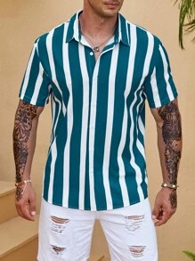 Manfinity Homme Men Plus Striped Print Shirt Without Tee - Dark Green - View 6