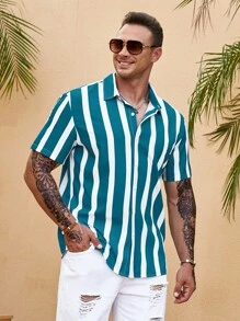 Manfinity Homme Men Plus Striped Print Shirt Without Tee - Dark Green - View 7