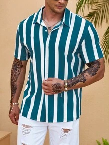 Manfinity Homme Men Plus Striped Print Shirt Without Tee - Dark Green - View 8