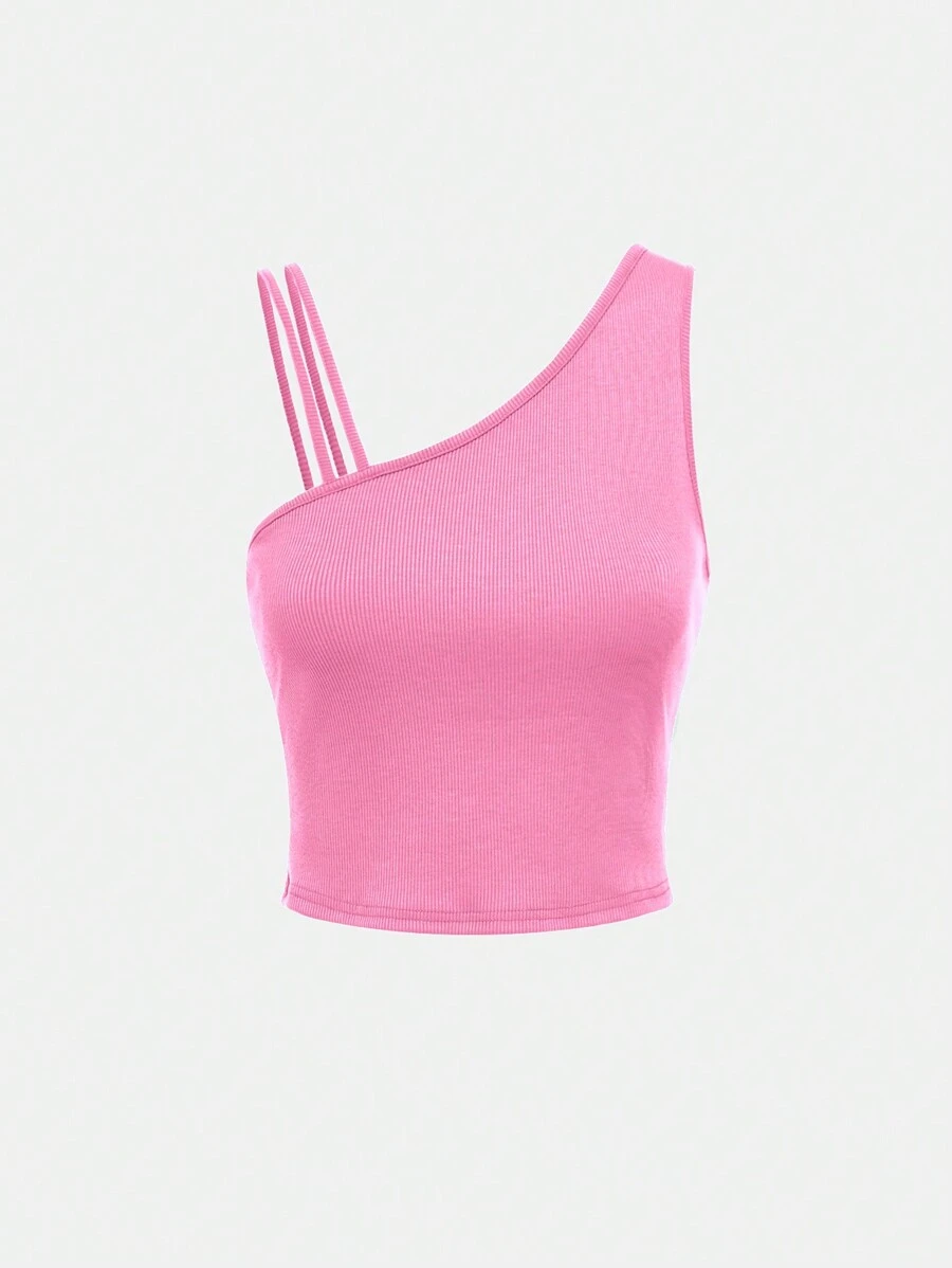 SHEIN 青少年女孩不對稱領短款上衣 - 淺粉色 - 查看 1