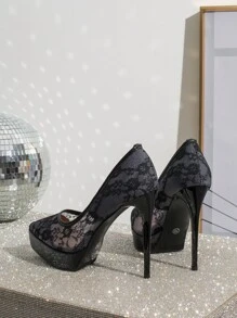 Ladies' Black Lace High Heels - Black - View 3