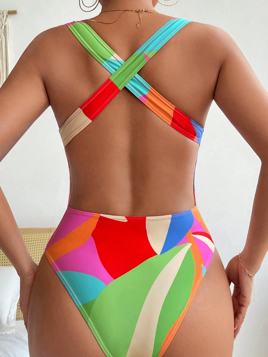 Swim Lushoire Summer Beach Color Block Criss Cross Backless One Piece Swimsuit - Multicolor - View 1