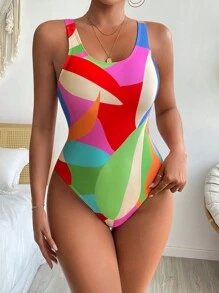 Swim Lushoire Summer Beach Color Block Criss Cross Backless One Piece Swimsuit - Multicolor - View 3