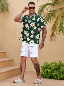 Manfinity RSRT Men Plus Floral Print Shirt - Green - View 4