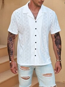 Manfinity Homme Hombres Camisa con bordado con ojal con botón de cuello con solapa - Blanco - Ver 1