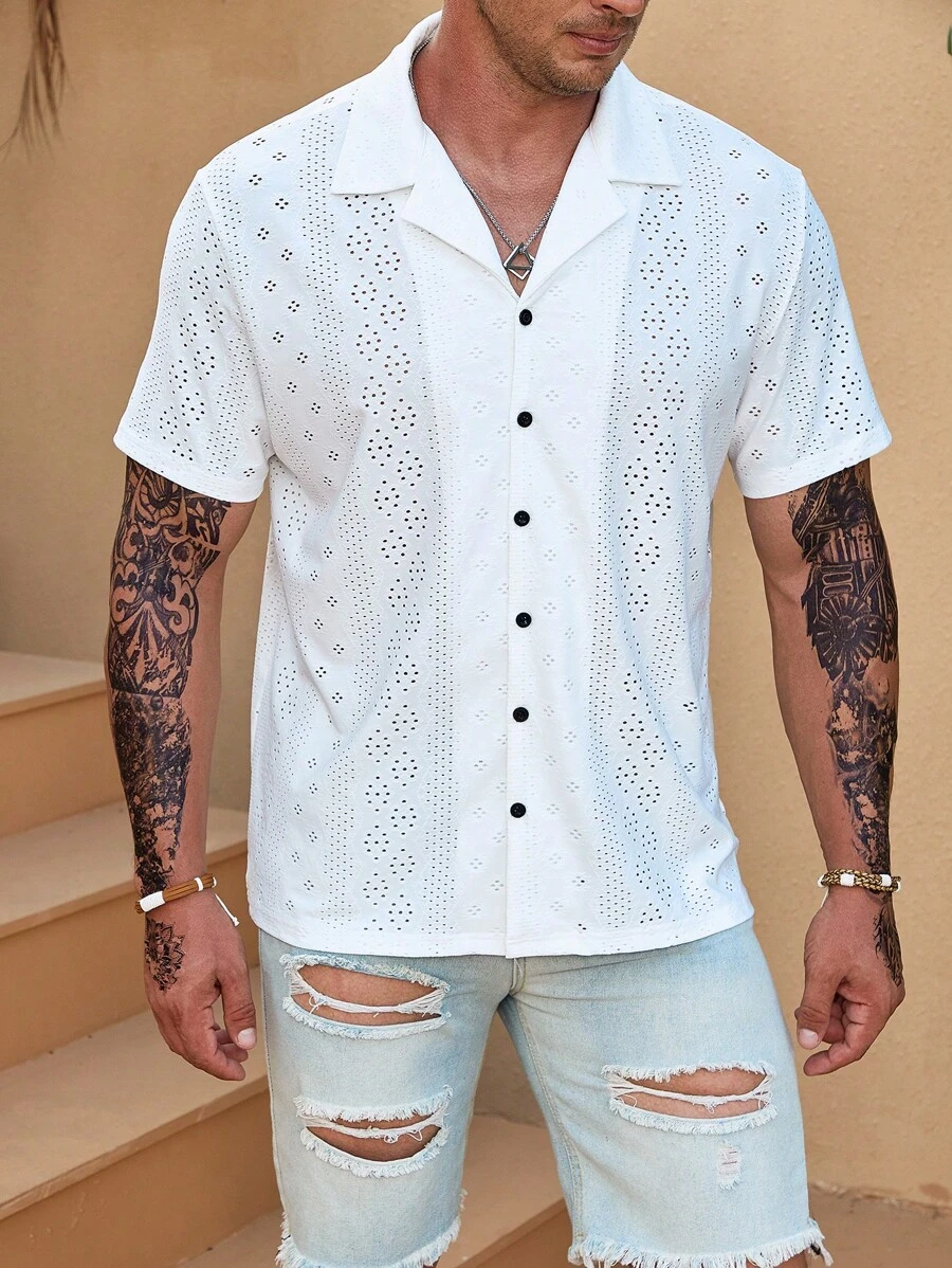 Manfinity Homme Hombres Camisa con bordado con ojal con botón de cuello con solapa - Blanco - Ver 1