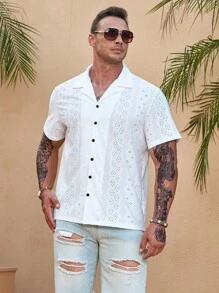 Manfinity Homme Hombres Camisa con bordado con ojal con botón de cuello con solapa - Blanco - Ver 3