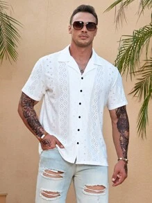 Manfinity Homme Hombres Camisa con bordado con ojal con botón de cuello con solapa - Blanco - Ver 4
