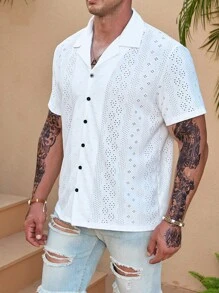 Manfinity Homme Hombres Camisa con bordado con ojal con botón de cuello con solapa - Blanco - Ver 6