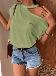 SHEIN Frenchy 心&字母刺繡肩部挖空T恤 - 綠色 - 查看 5