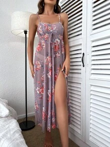 Floral Print Split Thigh Cami Nightdress - Dusty Pink - View 5