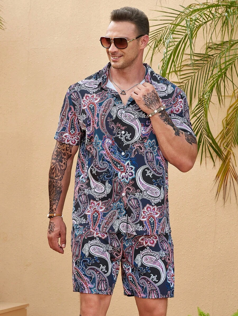 Manfinity RSRT 男士佩斯利印花襯衫&短褲 - 彩色 - 查看 1