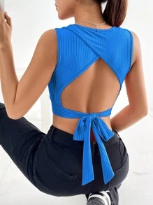 SHEIN Essnce Áo khoác và áo lót dành cho xe tăng nữ Lộ Lưng Buộc lại Gân đan màu trơn Giải trí - Màu xanh lam - Xem 2