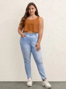 SHEIN BASICS Plus 純色短版背心 - 棕色 - 查看 5