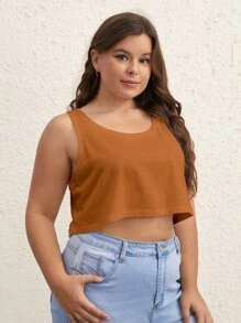 SHEIN BASICS Plus 純色短版背心 - 棕色 - 查看 6