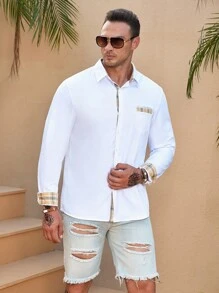 Manfinity Homme Áo sơ mi Nam Nút phía trước Sọc ca rô Giải trí - trắng - Xem 3