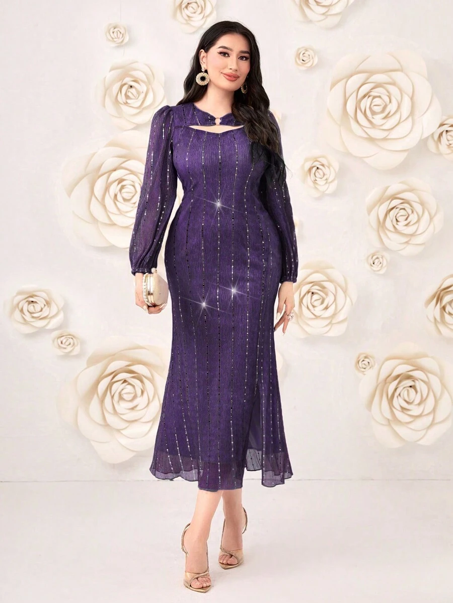 Modelyn 前鏤空燈籠袖魚尾裙下擺連衣裙 - 紫色 - 查看 1