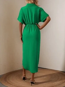 Chiquease Vestido con cinturón unicolor de manga murciélago bajo cruzado - Verde - Ver 2