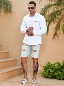 Manfinity Homme Áo sơ mi Nam Nút phía trước Sọc ca rô Giải trí - trắng - Xem 5