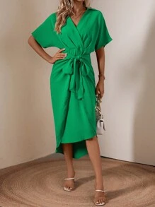 Chiquease Vestido con cinturón unicolor de manga murciélago bajo cruzado - Verde - Ver 3