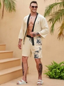 Manfinity 男士字母圖案和服罩衫&短褲 - 卡其色 - 查看 3