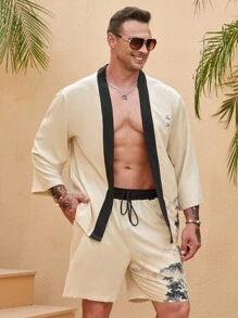 Manfinity 男士字母圖案和服罩衫&短褲 - 卡其色 - 查看 6