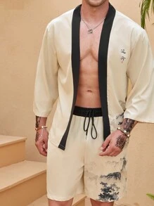 Manfinity 男士字母圖案和服罩衫&短褲 - 卡其色 - 查看 7