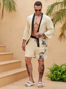 Manfinity 男士字母圖案和服罩衫&短褲 - 卡其色 - 查看 8