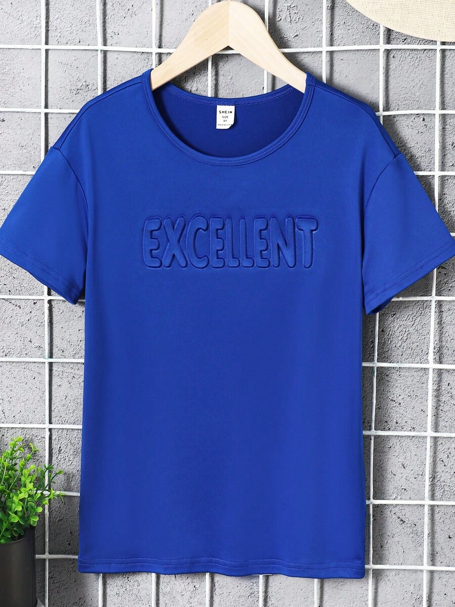SHEIN Tween Boy Letter Embossed Tee - Blue - View 1