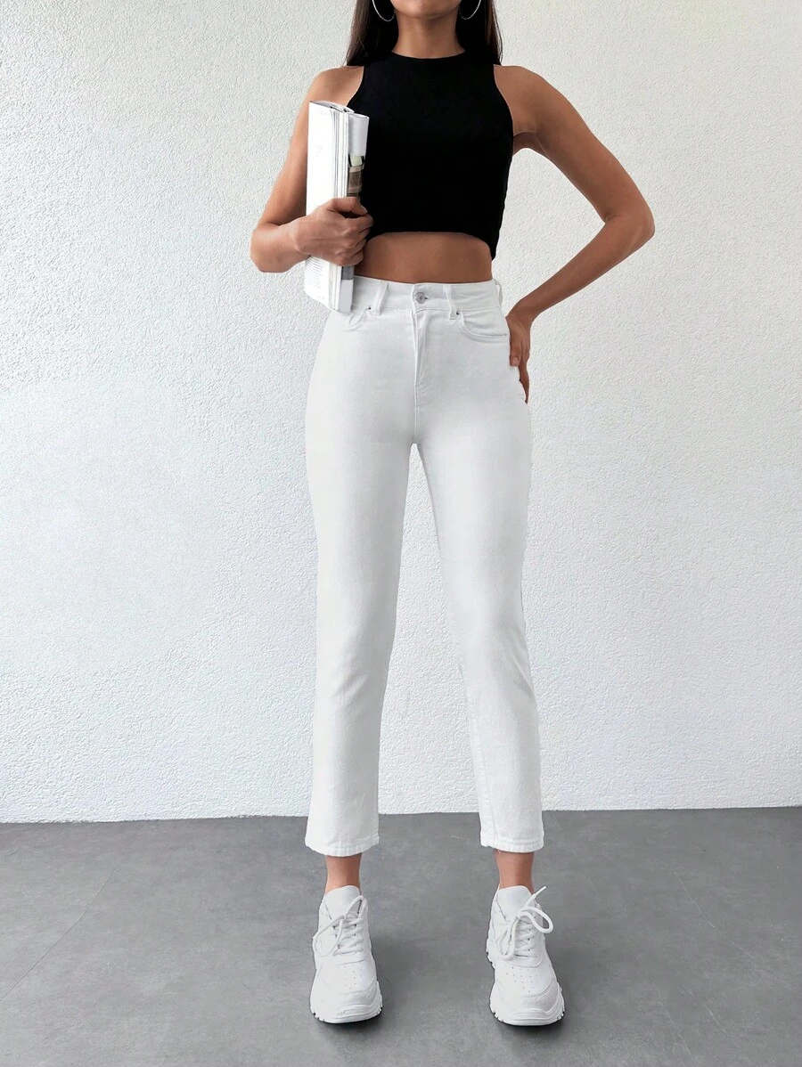 EURMUSE Solid Cropped Jeans - White - View 1