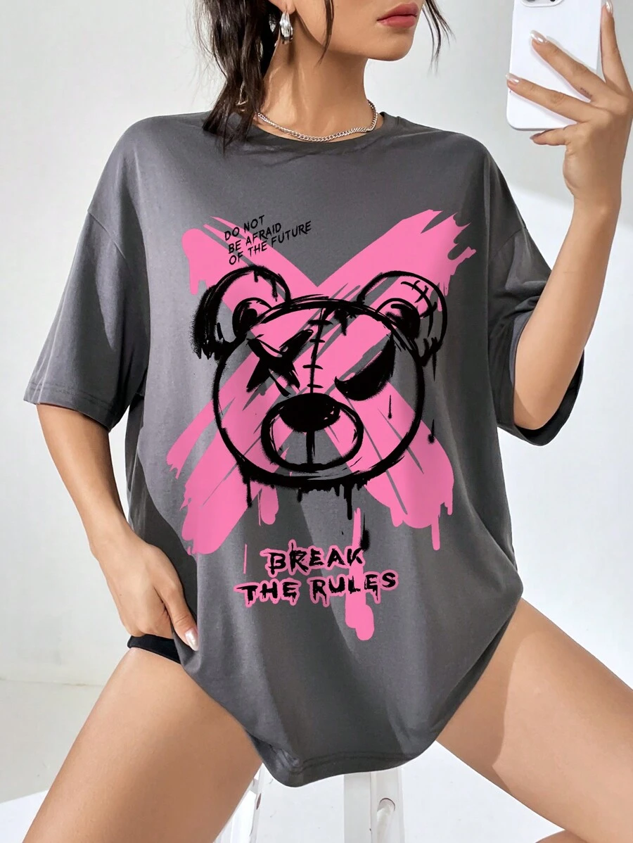 SHEIN EZwear Bear & Slogan Graphic Drop Shoulder Oversized Tee - Dark Grey - View 1