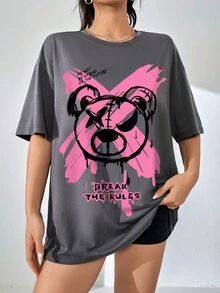 SHEIN EZwear Bear & Slogan Graphic Drop Shoulder Oversized Tee - Dark Grey - View 5