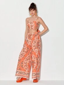 Susan Wang Studio 印花吊帶短上衣和闊腿褲 - 彩色 - 查看 4