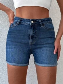 EURMUSE Roll Up Hem Denim Shorts - Dark Wash - View 1