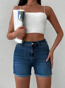 EURMUSE Roll Up Hem Denim Shorts - Dark Wash - View 3