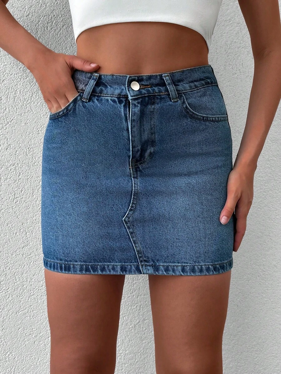 EURMUSE Solid Bodycon Denim Skirt - Medium Wash - View 1