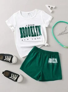 SHEIN Young Girl Casual Sports Letter Print Round Neck T-Shirt And Shorts Set, Suitable For Summer, Outings, And Any Occasion. Perfect For Keeping Cool And Refreshed In The Hot Weather. - Green - View 1