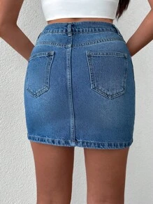 EURMUSE Solid Bodycon Denim Skirt - Medium Wash - View 2