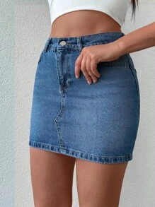 EURMUSE Solid Bodycon Denim Skirt - Medium Wash - View 3